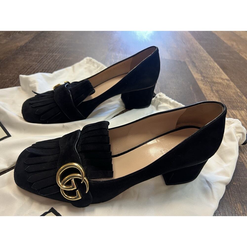 Gucci Marmont Black Suede GG Logo Kiltie Fringe Block Heel Loafer 37 1/2 7.5
